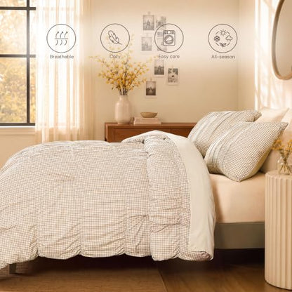 Ash Tan Gingham Queen Comforter Set - 3 Piece Ruched Bedding
