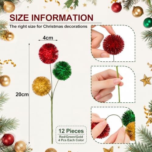 12 Pack Christmas Tree Picks Decor - Red Gold Green 8 Inch Holiday Accessories