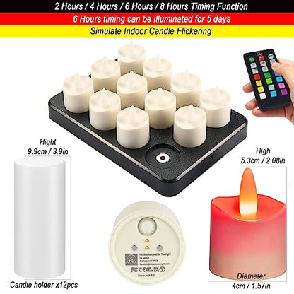 Rechargeable RGB Flameless Candles with Remote & Charging Station - Waterproof Outdoor Tea Lights, 12pcs