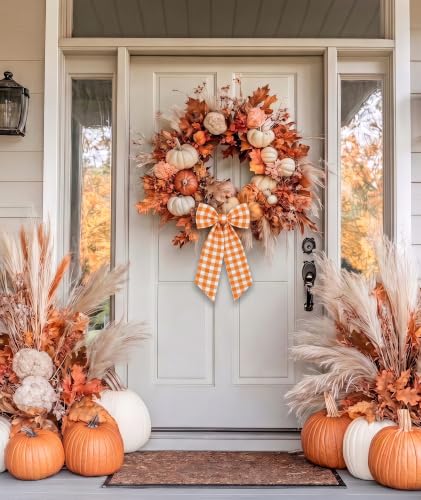 Fall Ribbon Wreath Sash for Front Door Orange Thanksgiving Decor - Variation: Orange Plaid