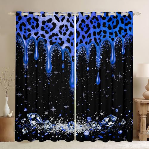 Black Royal Blue Leopard Print Blackout Curtains 2 Panel Set - 76W x 45L Inches