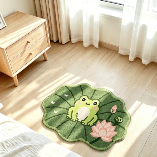 Frog Bath Mat 24x32 Inch, Cute Lotus Leaf Bathroom Rug, Green, Non Slip