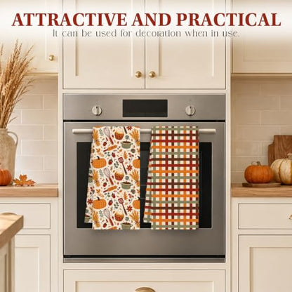 Fall Baking Kitchen Towels Set of 2 - Pumpkin Plaid Dish Towels - Pumpkin Baking Variation