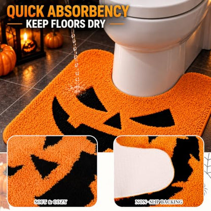 Halloween Pumpkin Bathroom Rug - U-Shaped Toilet Mat, Non-Slip, 20x24 Inch