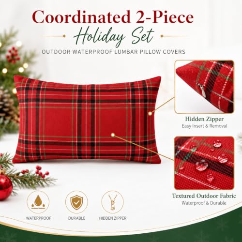 Irenare Waterproof Outdoor Pillow Cover Set - 20 x 12 Inch Christmas Plaid Lumbar Pillow Cases, Pack of 2
