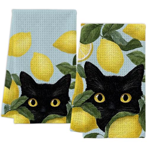 Black Cat Kitchen Towel Set - Decorative Lemon Pattern, 16x24 Inches