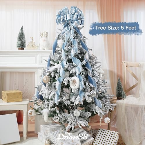 Dusty Blue and Silver Christmas Tree Topper Bow - 13 x 53 Inches - Handmade, Glitter Snowflake & Striped Design