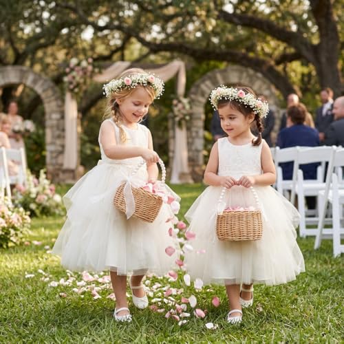 2 Pack Wicker Rattan Flower Girl Baskets with Handle & Linings for Weddings