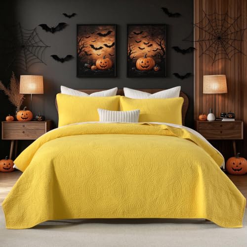 Cotton Quilt Set California King Bright Yellow Coin Pattern Lightweight Pre-Washed Bedding