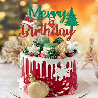 Christmas Cake Topper - Merry Birthday Decorations with Red & Green Glitter