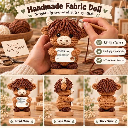 Positive Highland Cow Crochet Support Animal with Wooden Base - Inspirational Desk Decor - Cow