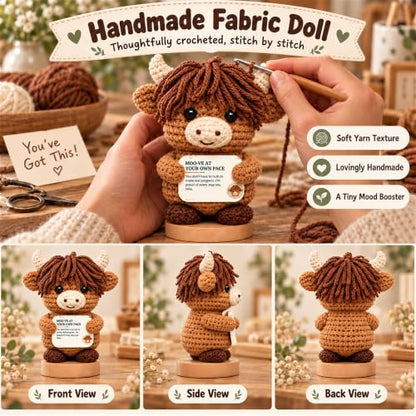 Positive Highland Cow Crochet Support Animal with Wooden Base - Inspirational Desk Decor - Cow