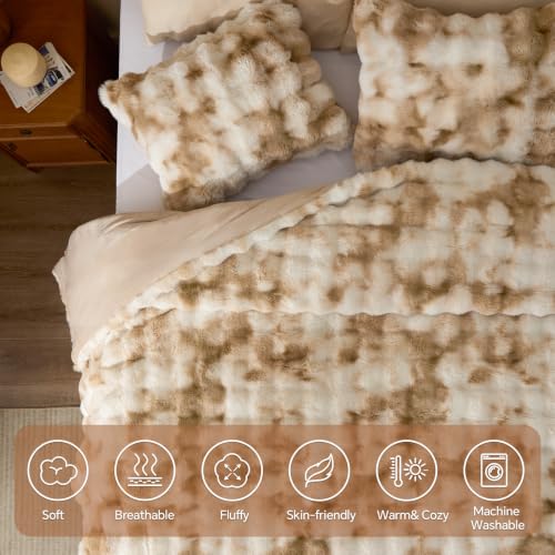 Beige Tie Dye Faux Fur Comforter Set Queen Thick Winter Bedding
