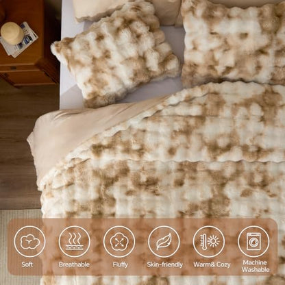 Beige Tie Dye Faux Fur Comforter Set Queen Thick Winter Bedding
