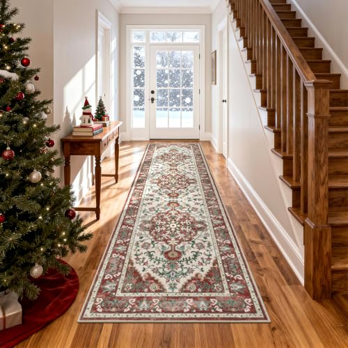 Christmas Hallway Runner Rug 2' x 8' Non Slip Red Floral Accent Rug