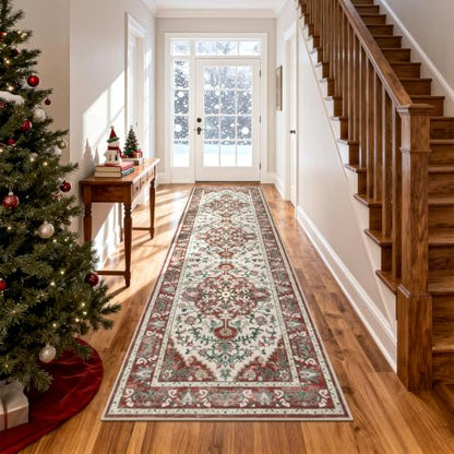 Christmas Hallway Runner Rug 2' x 8' Non Slip Red Floral Accent Rug