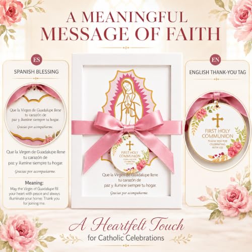 6-Piece Pink Virgen de Guadalupe First Communion Photo Frame Set with Satin Bows - Religious Favor for Guests
