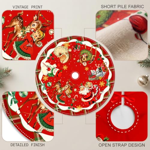 Vintage Christmas Tree Skirt with Santa and Retro Design, 48 Inch