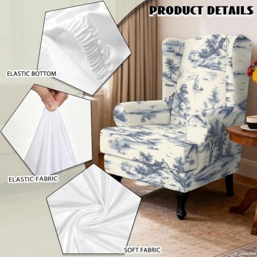Blue Toile Scene Print Wingback Chair Cover 2-Piece Stretch Fit