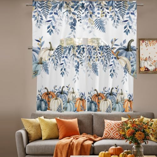 Blue Pumpkins Fall Tier Curtains with Swag Valance Sets - 27.5W x 24L White Blue