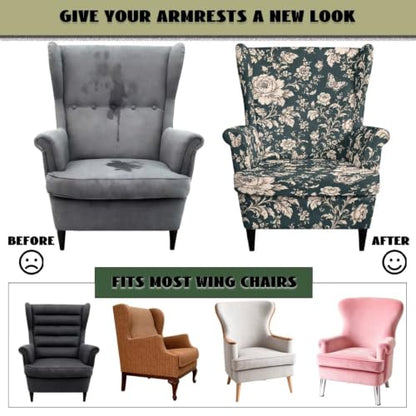 Dark Teal Floral Butterfly Wingback Chair Slipcover with Cushion, 2-Piece Stretch Armchair Cover for Room