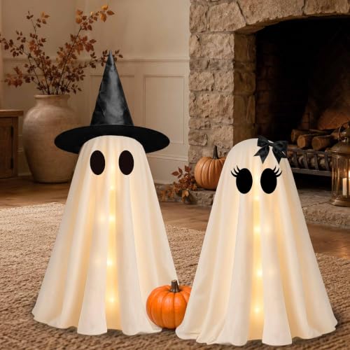 24 Inch Light Up Halloween Ghost Decorations - DIY Spooky Ghosts with Witch Hats, LED Lights, 2 Pack