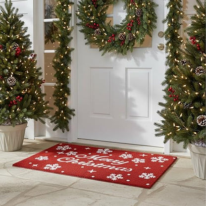 Christmas Snowflakes Doormat 24x36 Inches - Red White Holiday Decor