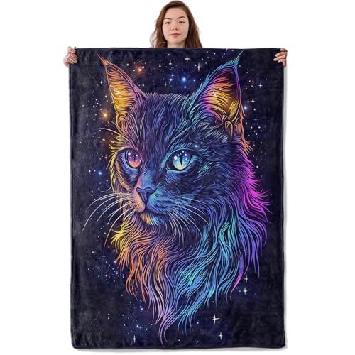 Magical Galaxy Cat Blanket 60x50 Inch Cozy Fuzzy Throw for Couch Bed & Travel - Mystical Kitten Design