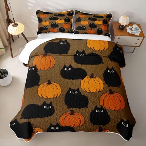 Halloween Black Cat Quilt Set with Orange Accents - King Size Bedding with Pillowcases