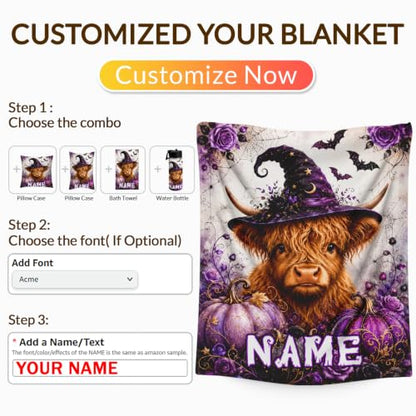 Purple Highland Cow Custom Blanket for Girls, Kids & Adults