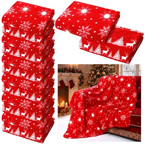 Snowflake Throw Blanket Set - 12 Red Fleece Blankets 50x60 Inch Xmas Bulk Variation