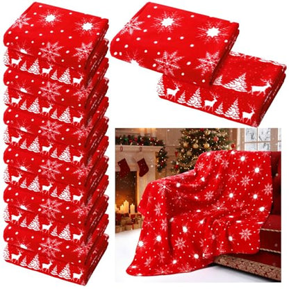 Snowflake Throw Blanket Set - 12 Red Fleece Blankets 50x60 Inch Xmas Bulk Variation