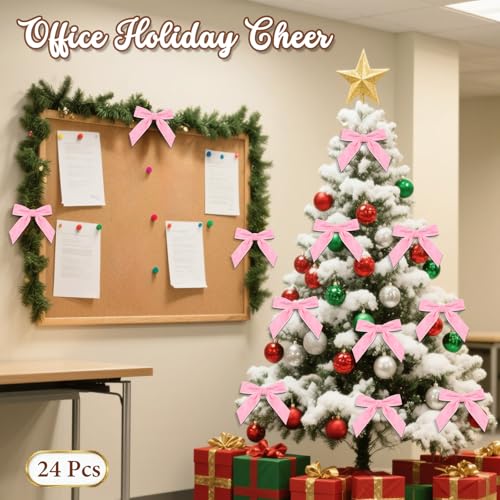 Pink Velvet Christmas Tree Bows - Set of 24 Pre-Tied Small Decorations
