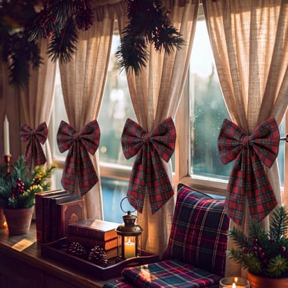 Christmas Plaid Bow Curtain Tiebacks Red Green Tartan Set - Farmhouse Decor