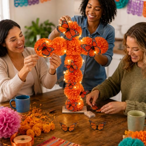 Day of the Dead Marigold Cross Decoration with Butterflies and String Lights