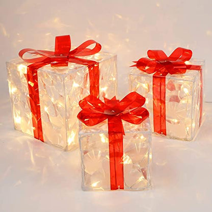 Clear Lighted Christmas Gift Boxes Set of 3 - Outdoor Decor with 60 LEDs