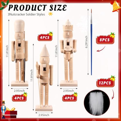 12-Piece Unfinished Wooden Nutcracker Craft Kit with Beards & Brushes - DIY Christmas Decorations (Variation 32)