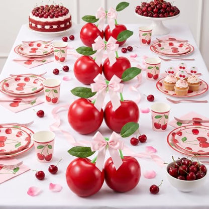 Large Cherry Party Decorations Set - Pink Satin Bows, Fake Red Cherries, Wedding & Event Decor