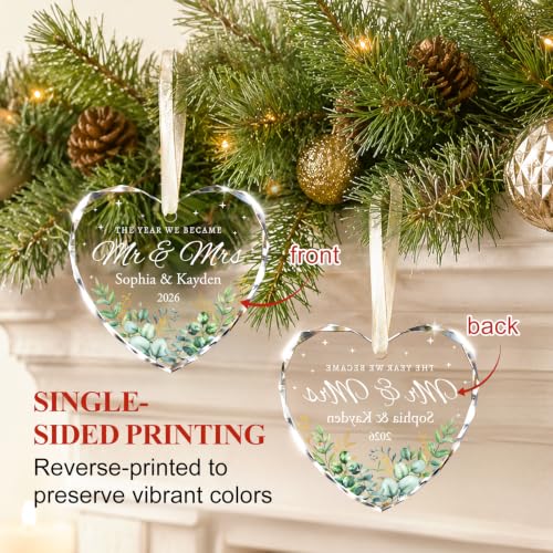 Eucalyptus Mr and Mrs Heart Wedding Ornament - Personalized Couple Gift