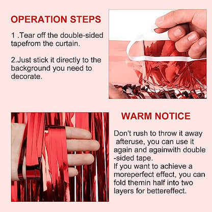 Red Tinsel Curtain Party Backdrop - 3.28 ft x 6.56 ft Metallic Fringe for Events