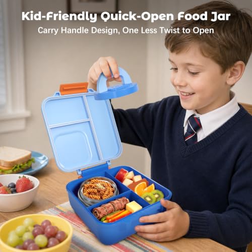 Kids Lunch Box Bento Set with 4 Compartments and 8oz Food Jar - Blue