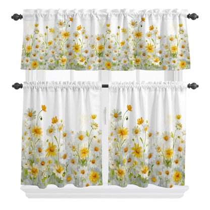 Yellow White Daisy Kitchen Curtains Set - Small 24 Inch Length, Farmhouse Style, Rod Pocket Window Tiers and Valance - Pack of 3