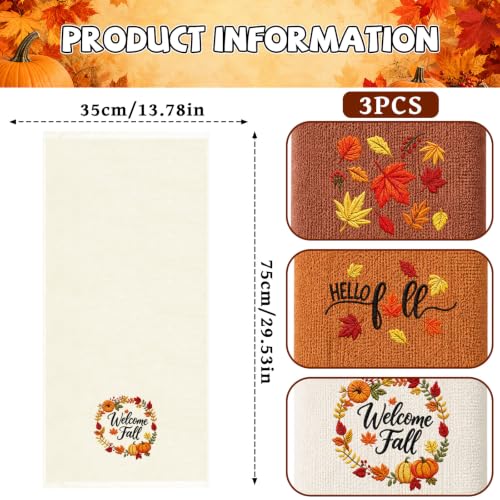 Fall Pumpkin Hand Towels Set - Autumn Embroidered Kitchen & Bathroom Towels, 3 Pack 14x30in
