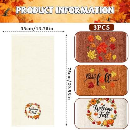 Fall Pumpkin Hand Towels Set - Autumn Embroidered Kitchen & Bathroom Towels, 3 Pack 14x30in