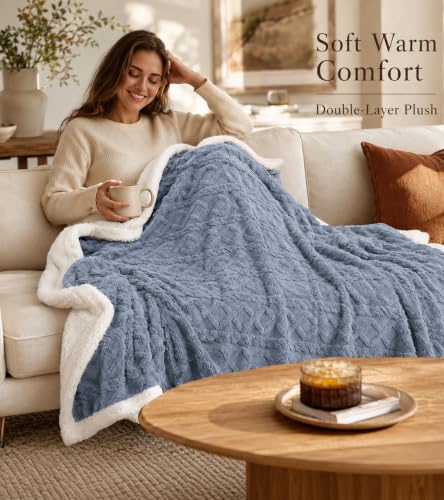 Reversible Sherpa Fleece Blanket for Bed - Blue, Twin 71x79 Inches - Heavyweight Warmth