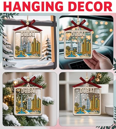 Wooden Christmas Ornament with Dubai Skyline - Burj Khalifa & Marina Towers Snow Scene