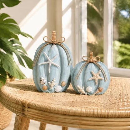 2-Pack Coastal Wooden Pumpkin Decor with Starfish & Shell Accents, 6.69 & 5.91 Inches