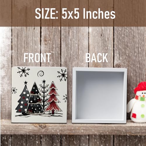 Rustic Christmas Trees Wooden Box Sign Decor - Holiday Indoor Christmas Decorations - 5x5 Inches - Festive Home Shelf Desk Accent - Variation of Rustic Christmas Trees
