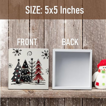 Rustic Christmas Trees Wooden Box Sign Decor - Holiday Indoor Christmas Decorations - 5x5 Inches - Festive Home Shelf Desk Accent - Variation of Rustic Christmas Trees
