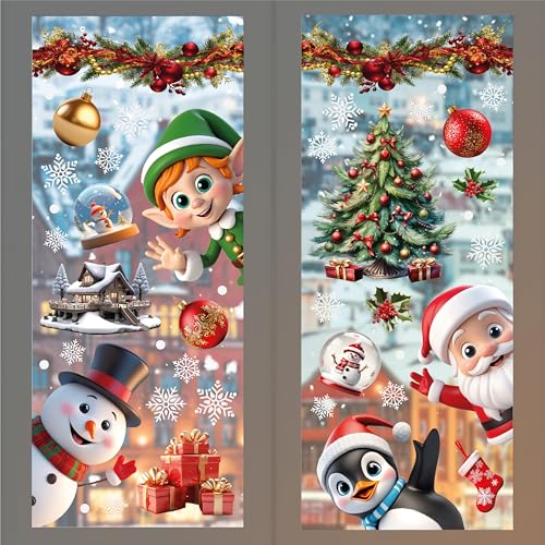 Christmas Window Clings Set - Peeking Santa & Snowflakes Reusable Peel & Stick Decorations, 149 Pcs